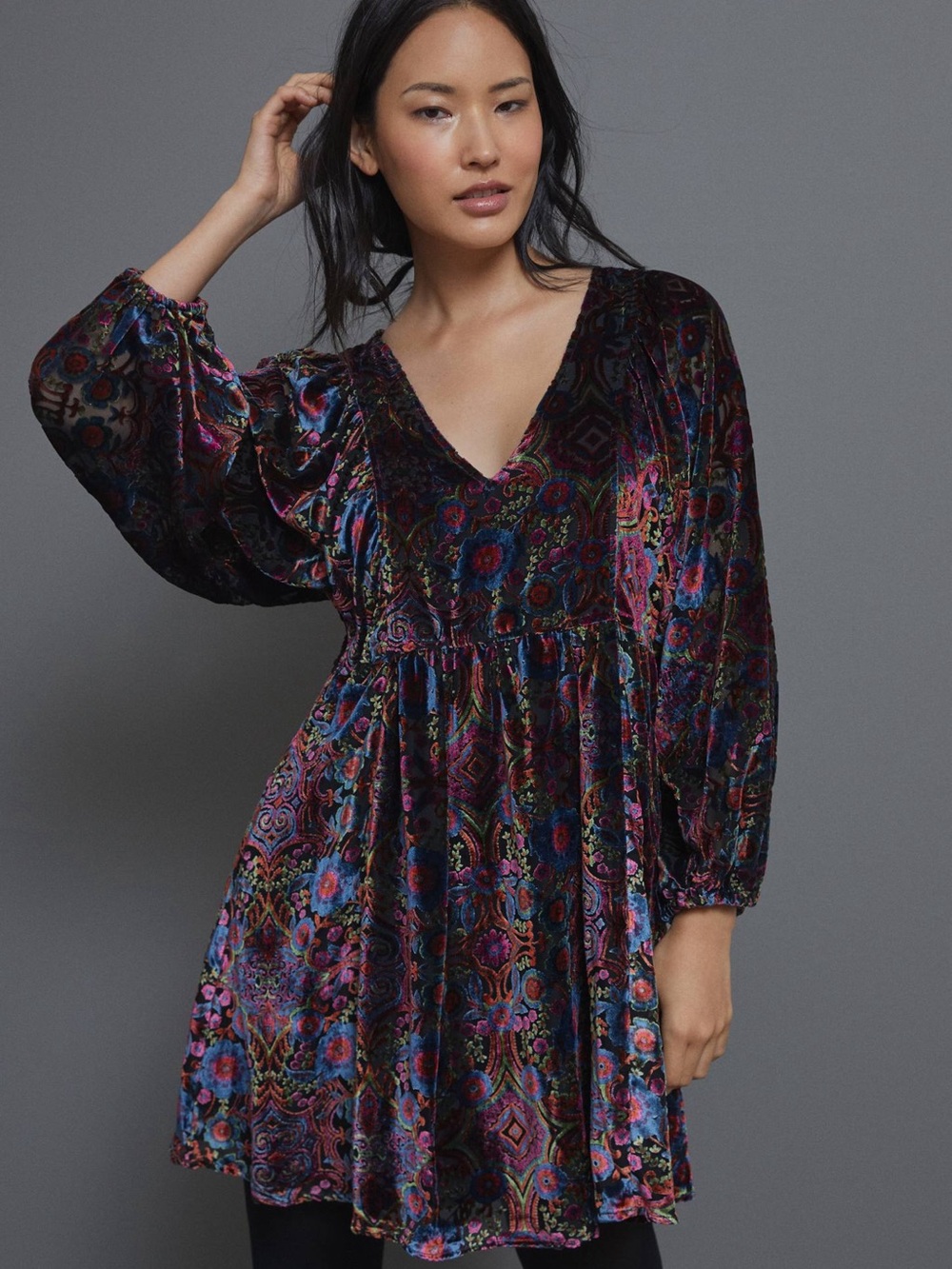 Anthropologie Mona Burnout Velvet Mini Dress Black Floral Boho Puff Sleeve L - Picture 2 of 13